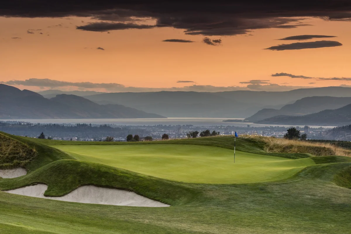 Okanagan golf course at sunset overlooking Kelowna and Okanagan Lake
